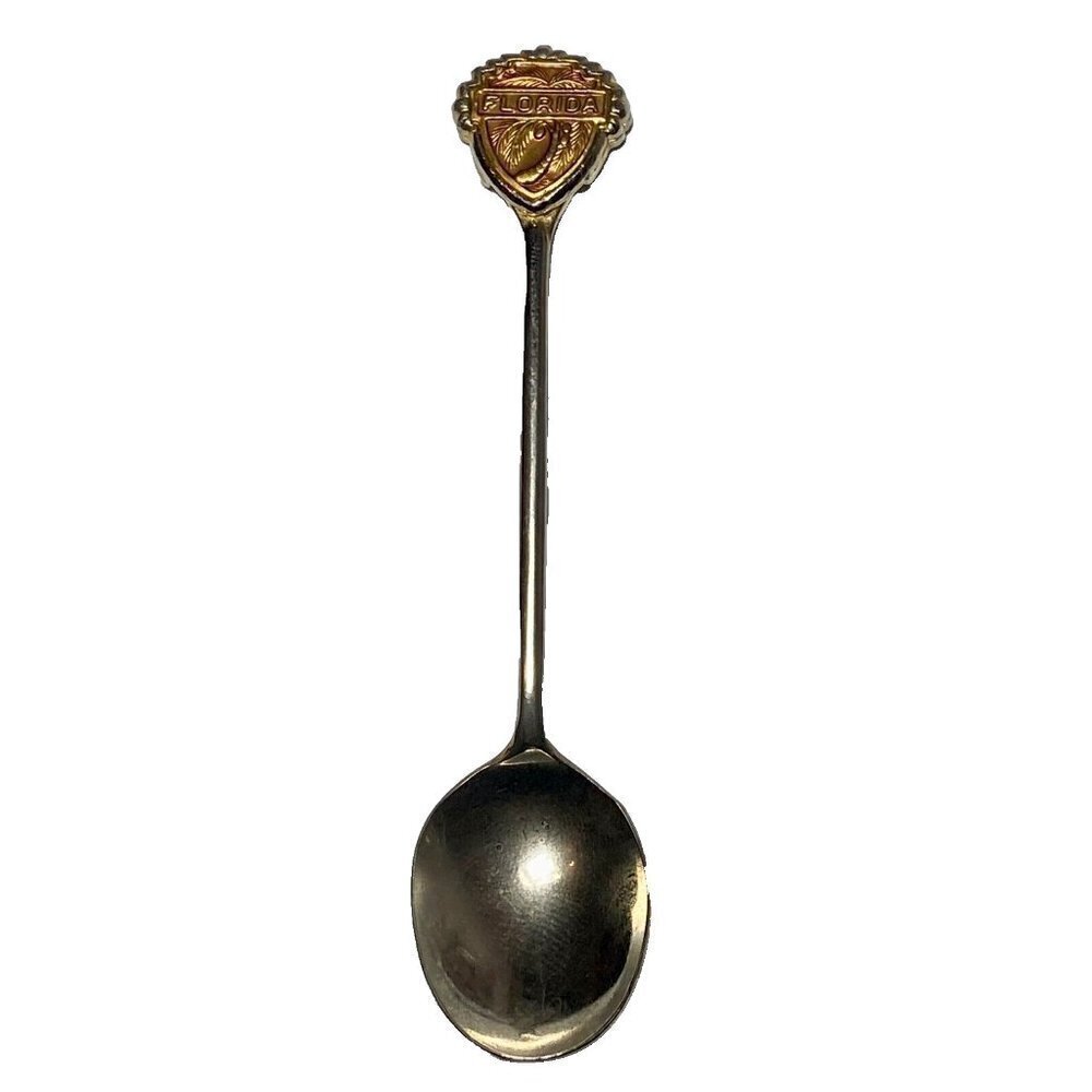 Florida Silver Tone 4" Travel Souvenir Spoon Gold Tone Palm Tree‎ Insert Japan